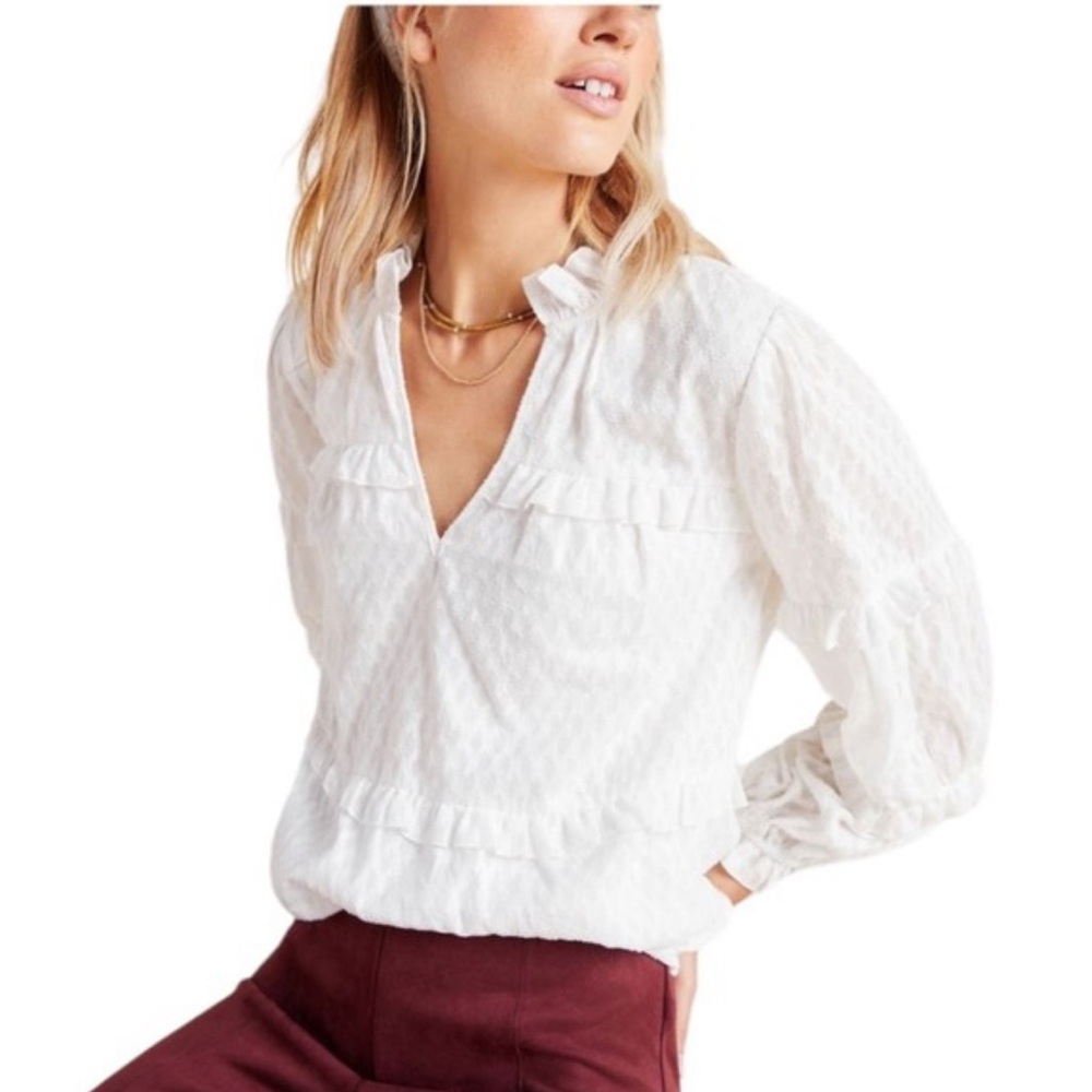 Anthropologie Maeve White Textured Ruffle Blouse